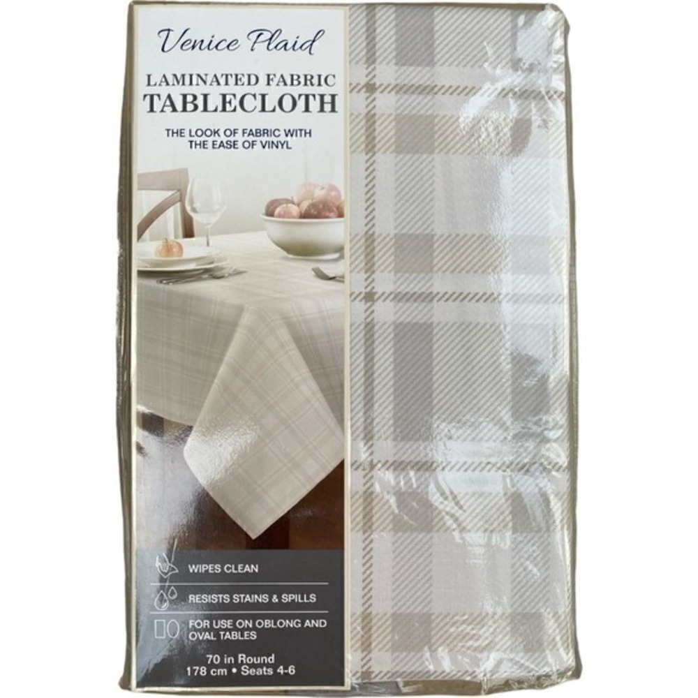 Venice Plaid Laminated Fabric Tablecloth Wipes Clean Resists Stain 70" Round New